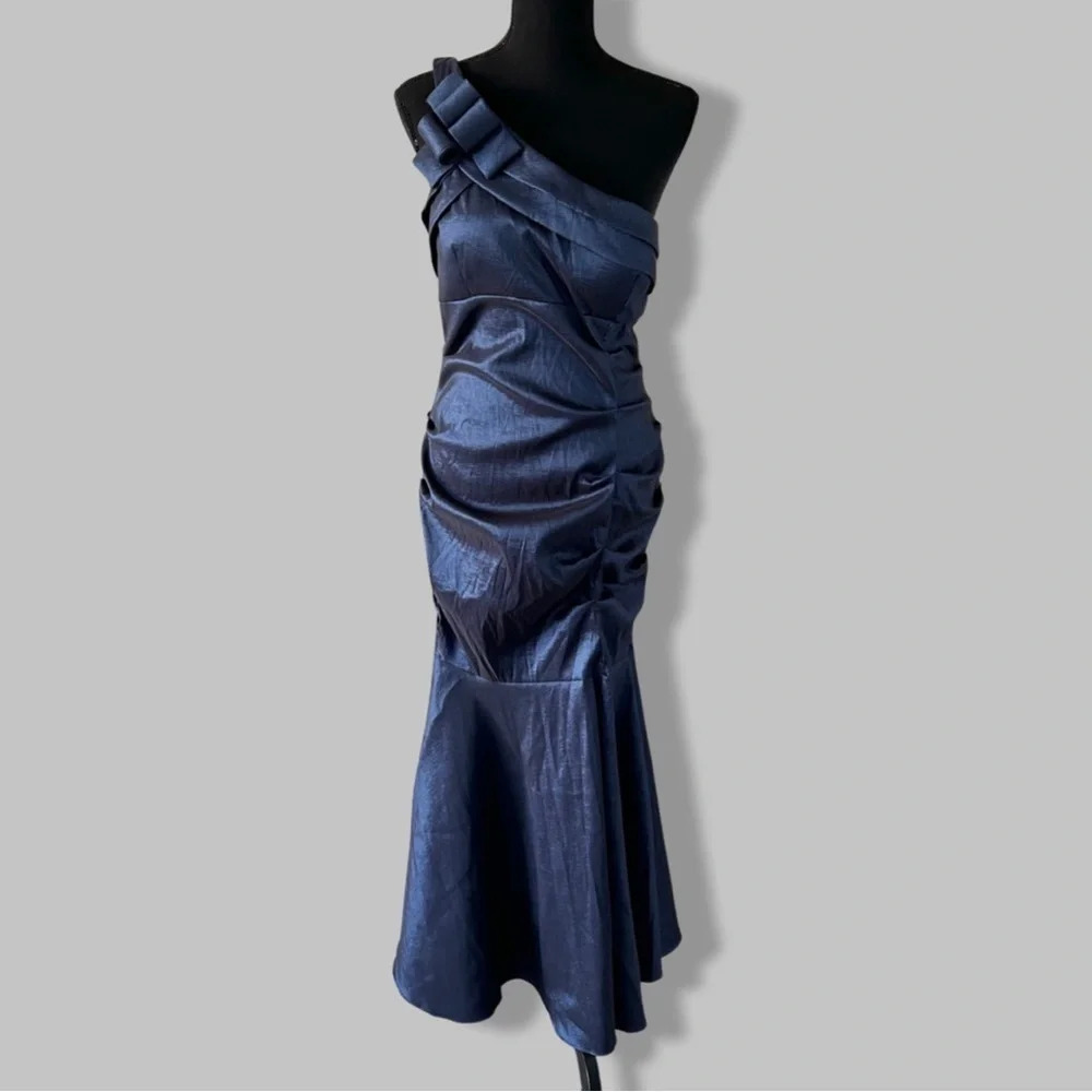Bellissima Metallic Blue One Shoulder Maxi Prom  Dress